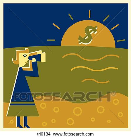 A woman looking at the sunset through binoculars View Large Illustration Stock Illustration - A woman looking at the sunset through binoculars. Fotosearch