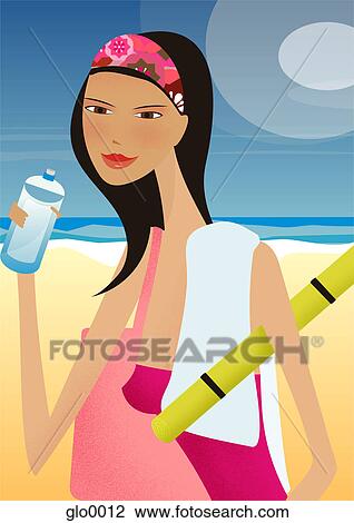 A woman drinking a bottle of water at the beach View Large Illustration Drawing - A woman drinking a bottle of water at the beach. Fotosearch