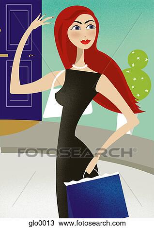Drawing - A woman hailing a taxi at a shopping center. Fotosearch