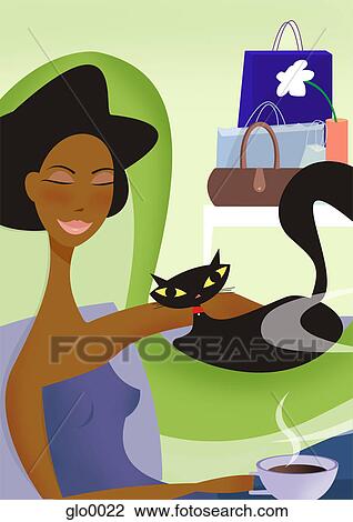 A woman relaxing at home after a day of shopping View Large Illustration Drawing - A woman relaxing at home after a day of shopping. Fotosearch