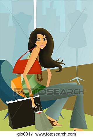 A woman sitting down after a long day of shopping View Large Illustration Stock Illustration - A woman sitting down after a long day of shopping. Fotosearch