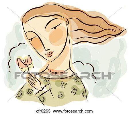 Drawing - A woman admiring a butterfly. Fotosearch