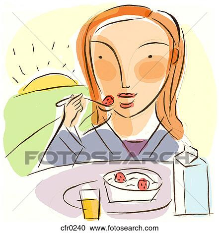 Clipart - a woman eating a bowl of cereal with strawberries. Fotosearch