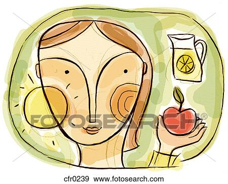 Stock Illustration - A woman looking at sources of vitamin c. Fotosearch