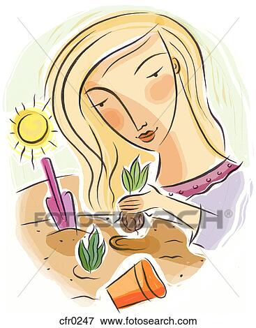 Stock Illustration - a woman planting a seedling. Fotosearch