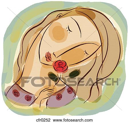 Drawing - A woman smelling a red rose. Fotosearch