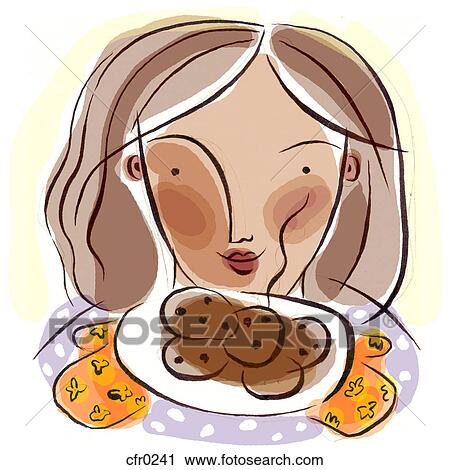 Clip Art - A woman with a plate of fresh baked cookies. Fotosearch