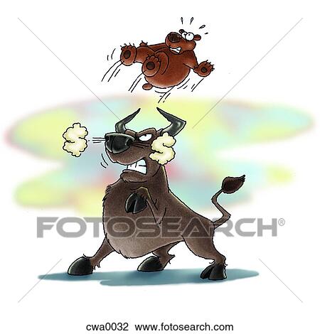 Drawing - A bull throwing a bear over its shoulder. Fotosearch