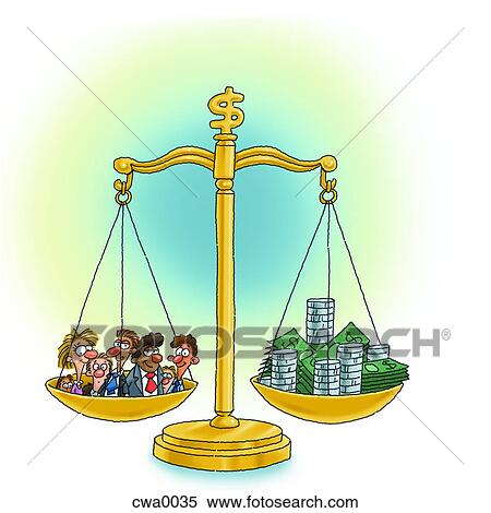 Stock Illustration - A business scale weighing between people and money. Fotosearch