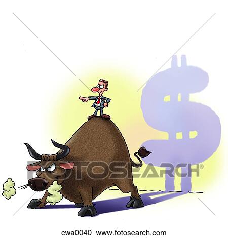 Clipart - A businessman standing on the back of an angry bull. Fotosearch