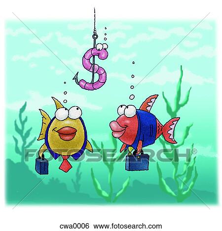 Stock Illustration - A graphic representation of fish as businessmen eyeing a dollar-sign bait. Fotosearch