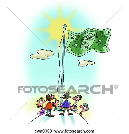 A group of people looking up at a money flag View Large Illustration Stock Illustration - A group of people looking up at a money flag. Fotosearch