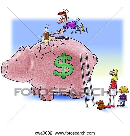 A man breaking the piggy bank while his family watch on View Large Illustration Drawing - A man breaking the piggy bank while his family watch on. Fotosearch