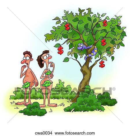 Adam and Eve looking at a snake on a tree bearing dollar fruits View Large Illustration Stock Illustration - Adam and Eve looking at a snake on a tree bearing dollar fruits. Fotosearch