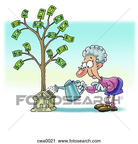 Clip Art - An old woman watering money plant that is growing from a bank. Fotosearch