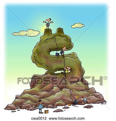 Business people climbing a mountain that is shaped like a dollar sign View Large Illustration Drawing - Business people climbing a mountain that is shaped like a dollar sign. Fotosearch