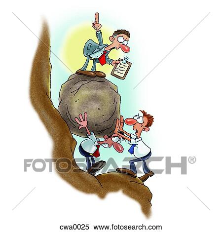 Two businessmen struggling to push a boulder uphill while their boss ordering them View Large Illustration Stock Illustration - Two businessmen struggling to push a boulder uphill while their boss ordering them. Fotosearch