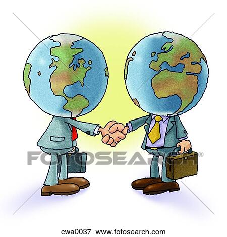 Zwei, geschäftsmänner, mit, globen, für, köpfe, handgeben Stock