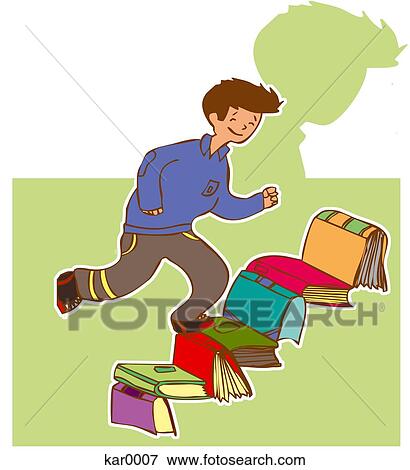 Stock Illustration - A boy going up a flight of stairs made of books. Fotosearch