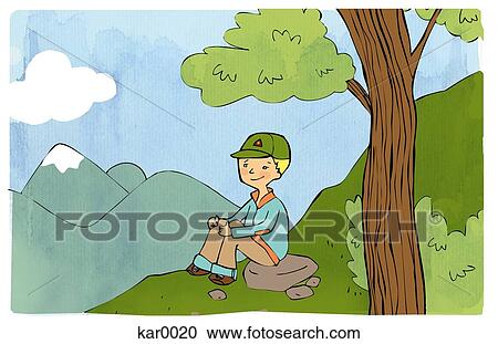 Clipart - A boy sitting on a hillslope. Fotosearch