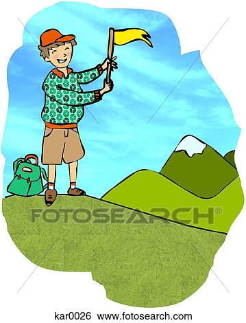 A boy waving a flag at the top of a mountain View Large Illustration Stock Illustration - A boy waving a flag at the top of a mountain. Fotosearch