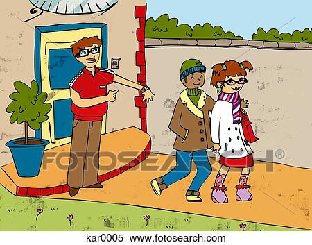 Stock Illustration - A father reminding his children about curfew times. Fotosearch