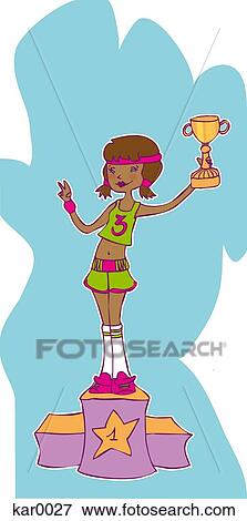 Stock Illustration - A girl lifting her first place trophy. Fotosearch