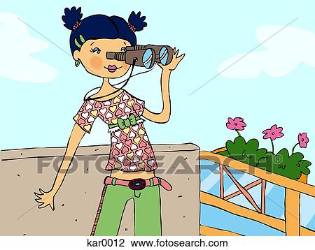 Drawing - A girl looking through a pair of binoculars. Fotosearch
