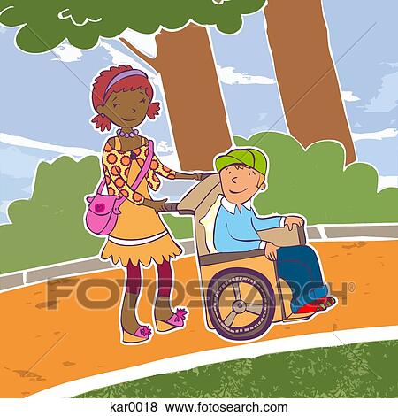 Stock Illustration - A girl pushing her friend who is in a wheelchair. Fotosearch