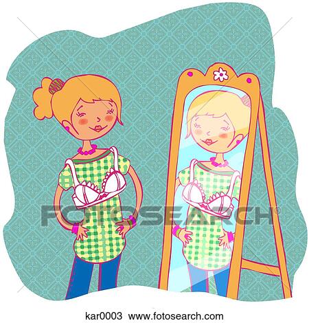 Drawing - A girl trying on a bra while looking in the mirror. Fotosearch