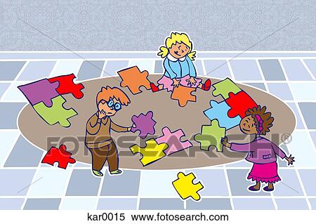 A group of kids putting together a puzzle View Large Illustration Stock Illustration - A group of kids putting together a puzzle. Fotosearch