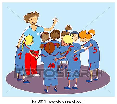Clip Art - A kids soccer team with the coach. Fotosearch