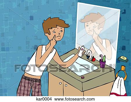 A teenage boy looking at his pimples View Large Illustration Stock Illustration - A teenage boy looking at his pimples. Fotosearch