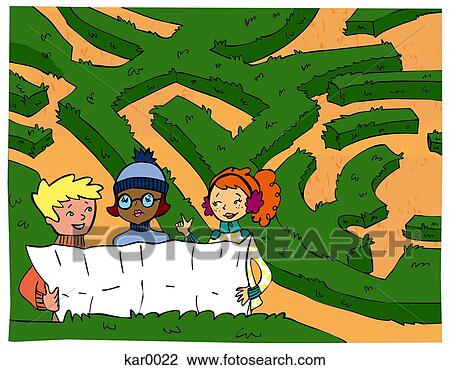 Three kids looking at a map of a maze View Large Illustration Drawing - Three kids looking at a map of a maze. Fotosearch