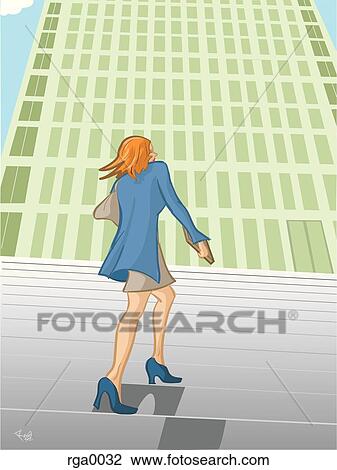 Drawing - A businesswoman walking up stairs towards a building. Fotosearch