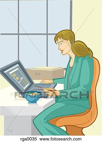 A businesswoman working during her lunchtime View Large Illustration Stock Illustration - A businesswoman working during her lunchtime. Fotosearch