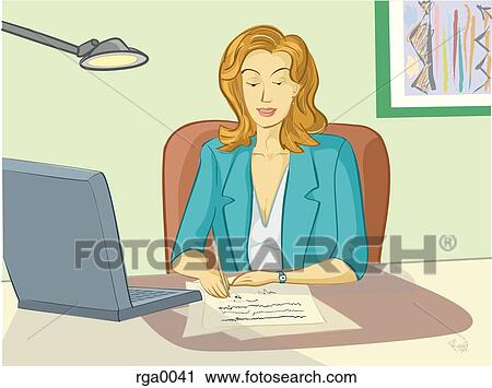 Clip Art - A woman at work in front of her computer. Fotosearch