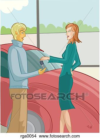 Stock Illustration - A woman giving her car key to a man. Fotosearch