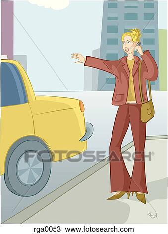 A woman hailing a taxi cab View Large Illustration Drawing - A woman hailing a taxi cab. Fotosearch
