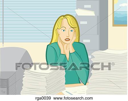 A woman overwhelmed by her workload View Large Illustration Stock Illustration - A woman overwhelmed by her workload. Fotosearch