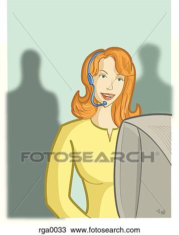 Drawing - A woman working in a call center. Fotosearch