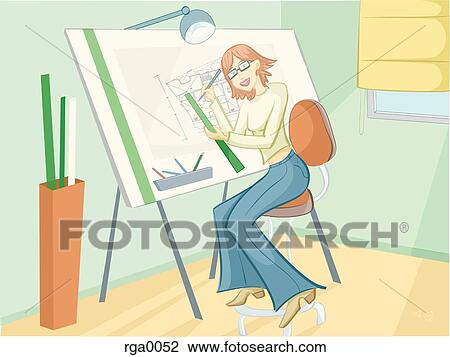 Drawing - An architect working on her plan. Fotosearch