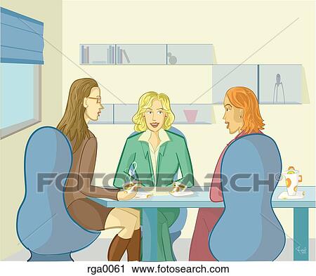 Three women in a business meeting View Large Illustration Clip Art - Three women in a business meeting. Fotosearch