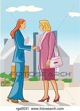 Two businesswomen shaking hands on a street View Large Illustration Clip Art - Two businesswomen shaking hands on a street. Fotosearch