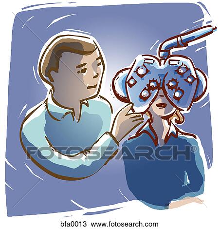 Drawing - A woman having her eyes examined. Fotosearch