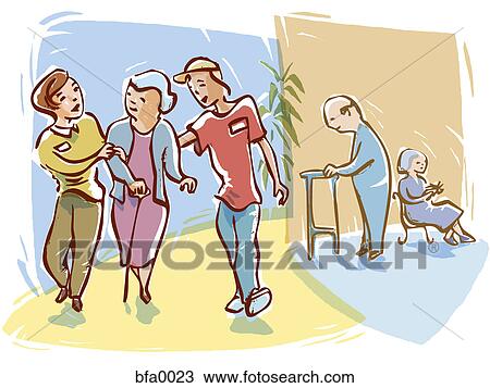 Hospital volunteers escorting an elderly woman View Large Illustration Drawing - Hospital volunteers escorting an elderly woman. Fotosearch