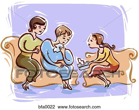 Two women consoling a crying friend View Large Illustration Drawing - Two women consoling a crying friend. Fotosearch