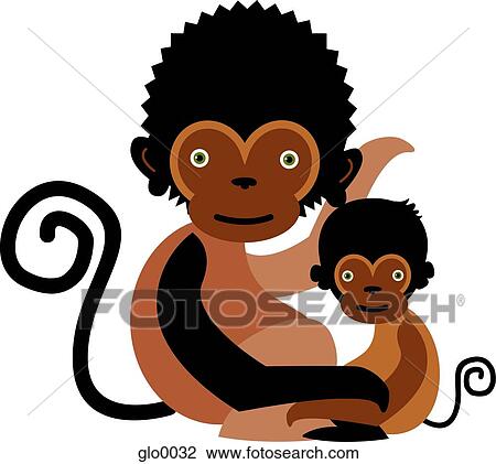 A mother and child pair of chimpanzees View Large Illustration Drawing - A mother and child pair of chimpanzees. Fotosearch