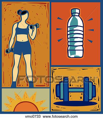 Collage of woman lifting weights View Large Illustration Drawing - Collage of woman lifting weights. Fotosearch
