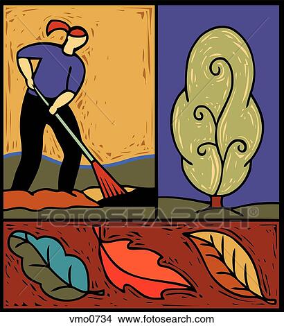 Stock Illustration - Collage of woman raking leaves in the fall. Fotosearch